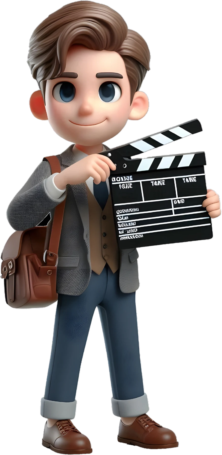 3D cartoon Akshit holding a film clapperboard