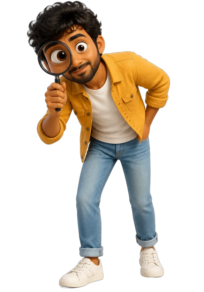 3D cartoon Akshit peering through a magnifying glass